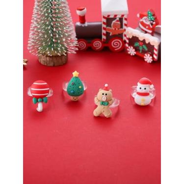Imagem de Conjunto de 4 anéis de Natal, boneco de neve, urso de Natal, árvore de Natal, doces, conjunto de anéis de dedo midi, acessórios de bijuteria de fantasia de festa