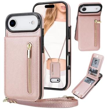 Imagem de Fofvccv Capa tipo carteira transversal para Apple iPhone 17 Air, bolsa feminina de couro PU com zíper com compartimentos para cartões e bloqueio RFID, alça de cordão ajustável com suporte para iPhone