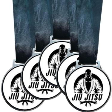 Imagem de Kit 5 Medalhas Para Jiu Jitsu Torneio de Luta De Campeão Premiação 50mm Com Fita Preta