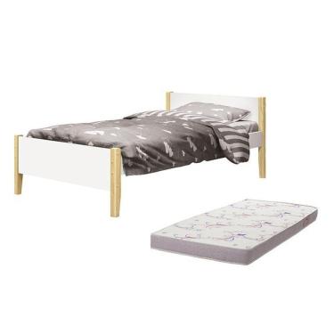 Imagem de Cama Solteiro Simba Branco Fosco Pés Madeira Natural Com Colchão D20 - Reller Móveis Branco Fosco
