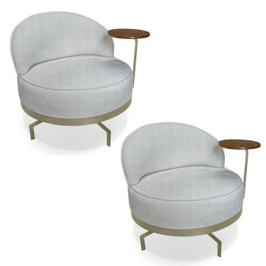 Imagem de Kit 2 Poltronas Decorativa Andromeda Linho Bouclê Cinza Claro Base Giratória De Ferro - Pallazio