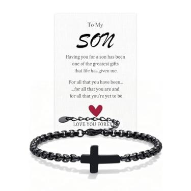 Imagem de FLHEART Presente para homens pulseiras de corrente cruzada para homens e mulheres, pulseira masculina preta de aço inoxidável, fé religiosa Páscoa católica cristã Deus Jesus comunhão batismo joias