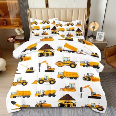 Imagem de ASKOTU Jogo de cama solteiro com 3 peças, para meninos, caminhão, escavadeira, para todas as estações