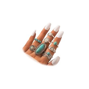 Imagem de OAOSIOH Conjunto de 8 anéis boêmios vintage turquesa para mulheres, exclusivo retrô oval cúpula pedra de cristal branco anel de dedo para dedo de vaqueira ocidental joias presentes de festa, Metal