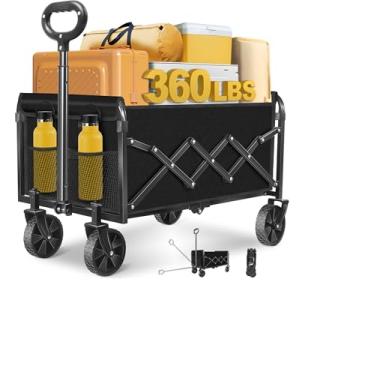 Imagem de Vagão dobrável, carrinho de vagão dobrável, carrinhos dobráveis com rodas todo-o-terreno e 2 suportes para copos, vagões dobráveis leves e portáteis para praia, acampamento, mercearia, jardim