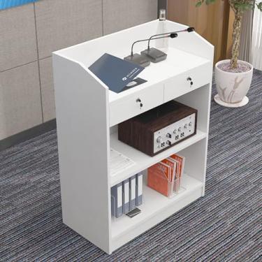 Imagem de Suporte de madeira para pódio, púlpitos para igrejas modernas, pódio para palestras com gavetas e prateleira de armazenamento, suporte de pódio portátil para igreja com placa defletora para escolas