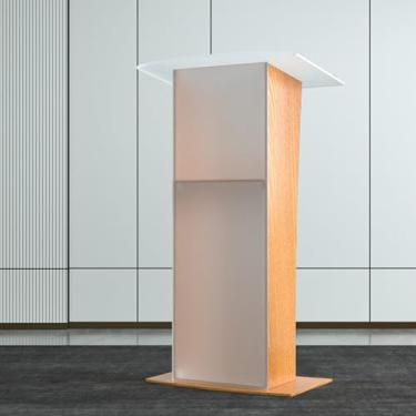 Imagem de Suporte de pódio de acrílico portátil púlpitos para igrejas, pódio de acrílico transparente laterais de madeira curvadas púlpito de igreja, suporte de pódio de madeira com superfície inclinada