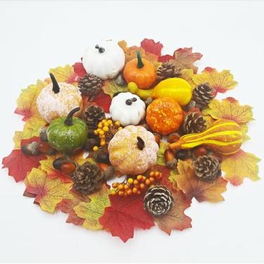 Imagem de YEYIAOB Fall Harvest Decorative Set, Artificial Pumpkins with Pine Cones and Berries, Orange and White, Halloween and Thanksgiving Decor