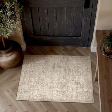 Imagem de WondRg Tapete de área lavável bege 5 x 7 cm para entrada neutro macio antiderrapante pequeno tapete de porta envelhecido vintage para entrada, banheiro, quarto, interior
