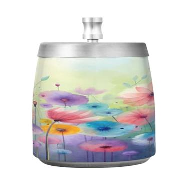 Imagem de Qilmy Cinzeiro abstrato floral de aço inoxidável com tampa - Cinzeiro de cigarro à prova de vento sem cheiro sem fumaça para casa, escritório, carro, pátio, varanda (uso interno e externo)
