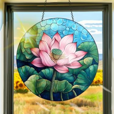 Imagem de Apanhador solar de acrílico colorido, decoração de janela suspensa de lótus, arte de parede de criador de arco-íris, para sala de estar, quarto, varanda, decoração de jardim interno e externo, 19 x 2