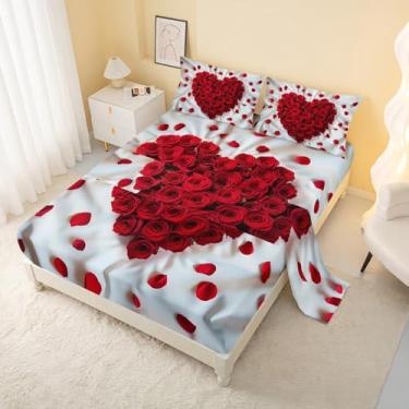 Imagem de AILONEN Jogo de cama King com estampa romântica de coração rosa vermelha para casais, linda flor 3D, 1 lençol de cima, 1 lençol com elástico + 2 fronhas, 4 peças