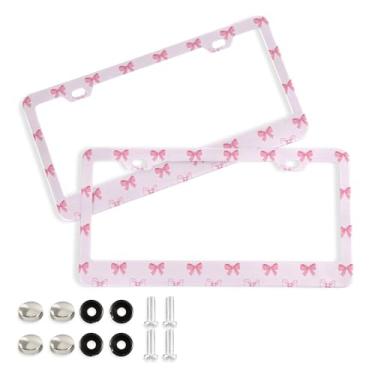 Imagem de SEHANY Lindas molduras de placa de licença de laço rosa, moldura de placa de carro de alumínio à prova de ferrugem com orifícios elípticos e parafusos serve para veículos padrão dos EUA tamanho