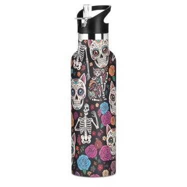 Imagem de Joisal Garrafa de água de aço inoxidável isolada de 590 ml com tampa de canudo para bebidas frias ou quentes, crânio colorido, gatos, floral, preto, à prova de vazamento, parede dupla, copos de viagem