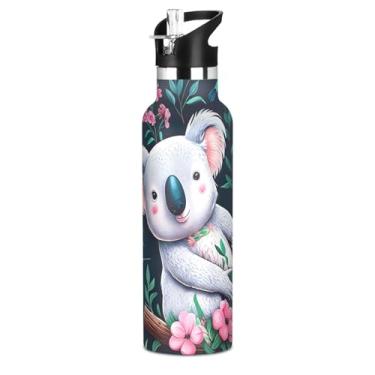 Imagem de Garrafa de água escolar de aço inoxidável para adolescentes, animais fofos, coalas brancos, 590 ml, livre de BPA, garrafa de água a vácuo de parede dupla isolada para crianças com tampa de canudo