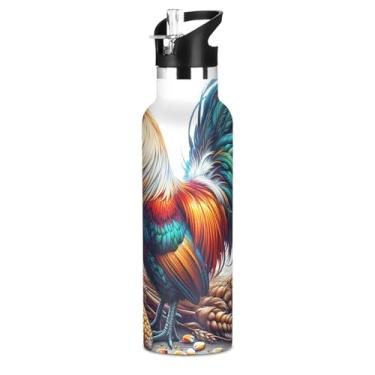 Imagem de Garrafa de água branca para meninos Farm Rooster com tampa de palha, garrafas de água isoladas de aço inoxidável, livre de BPA, à prova de vazamento, copos infantis para escola, viagens, esportes, 590