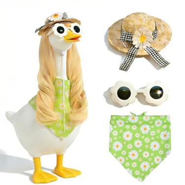 Imagem de ZYIDBNG Perucas de ganso de varanda margarida 2 estilos roupas de primavera de ganso para varanda com conjunto de perucas loiras longas com chapéu floral margarida bandana para decoração ao ar livre