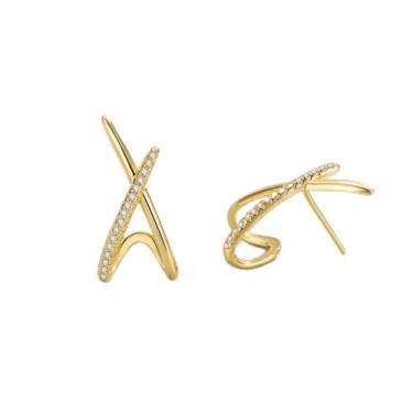 Imagem de Brincos femininos de ilusão dupla banhados a ouro 14 quilates de zircônia cúbica da moda, leve, minimalista, joia de presente para ela, Medium, Metal, Sem pedra preciosa