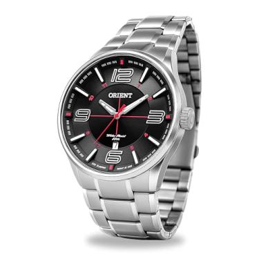 Imagem de Relógio Orient Masculino Analógico Quartz De Pulso Esportivo Casual Prateado Em Aço Inoxidável A Prova D'água 50 Metros Preto C/Vermelho Original