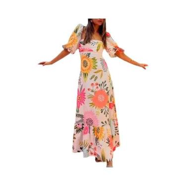 Imagem de Vestido Maxi Elegante Feminino Com Estampa Floral, Cintura Alta, Manga