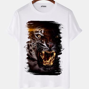 Imagem de Camiseta masculina Tigre Dourado Animais Fundo Preto Camisa Blusa Branca Estampada