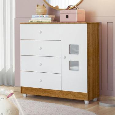 Imagem de Cômoda Infantil 1 Porta 4 Gavetas Life Tigus Baby Branco/Madeirado Ypê