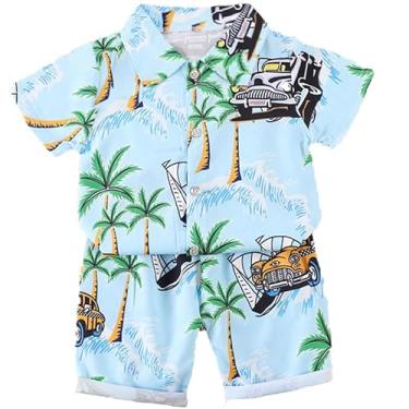 Imagem de Yanmucy Roupas de verão para bebês meninos, 2 peças, estampa de folhas havaianas, camisa de botão e shorts, roupa de praia para meninos, Azul-celeste, 1-2 T