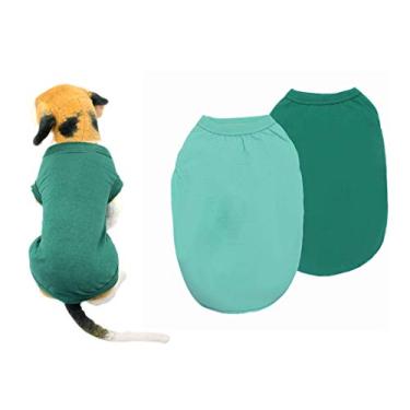 Imagem de Roupas de cachorro de algodão YAODHAOD roupas de cachorro cor sólida roupas de cachorro, camisas de algodão macias e respiráveis, camisetas para cães vestuário adequado para cães pequenos extra pequeno médio gato 2 peças (P, azul claro + verde)