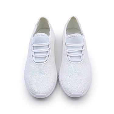 Imagem de K KIP WOK Tênis de corrida respirável para meninas, com glitter, cintilante, sem cadarço, para crianças/crianças, Branco, 2 Little Kid