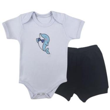 Imagem de Conjunto Body Manga Curta Bordado Golfinho e Short Tapa Fralda - Roupa Bebê Menino-Masculino