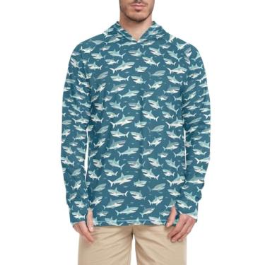 Imagem de Camisetas masculinas sem costura de tubarão com proteção de manga comprida FPS 50 + camisas de sol masculinas com capuz Rashguard para uso ativo, Tubarão sem costura, Small