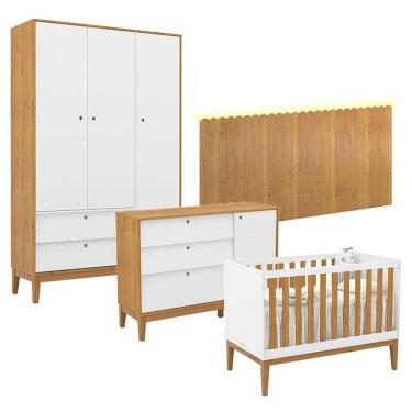 Imagem de Quarto de Bebê Unique 3 Portas com Cômoda Sapateira e Painel Farm com Led Branco Soft Freijó Eco Wood - Matic