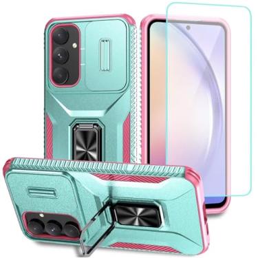 Imagem de Wanyuexes Capa para Galaxy A55, capa para Samsung A55 SM-A556U com protetor de tela de vidro temperado e capa de câmera deslizante, anel giratório suporte de carro capa de telefone para Samsung Galaxy