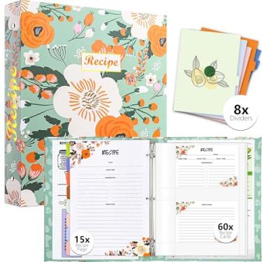Imagem de Fichário de receitas com 3 anéis de 21,6 cm x 28 cm, kit de fichário de receitas com 60 cartões de receitas impressos 10 x 15 cm, 8 divisórias de categoria para escrever em suas receitas, presentes