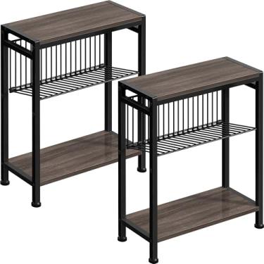 Imagem de Homedawn Conjunto de 2 mesas laterais pequenas para espaços pequenos, mesa de canto estreito de 3 camadas com suporte de revista, mesa de cabeceira pequena, mesa de sofá de lanche skinny na sala de