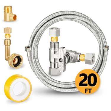 Imagem de Kit de instalação de mangueira para lava-louças – Inclui linha de abastecimento de água, divisor de água de compressão de 0,9 cm, cotovelo FHT de 0,9 cm e cotovelo MIP de 9,5 cm (20 pés)