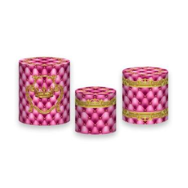 Imagem de Trio de Capas de Cilindro - Realeza Capitonê Rosa Pink e Dourado 036 -