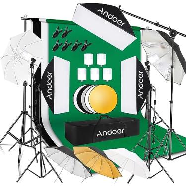 Imagem de Andoer Kit de Iluminação de Estúdio de Fotografia Softbox Profissional com Cenários de 3 Cores, Suportes de Cenário de 6,5 * 10 Pés, Guarda-Chuvas Fotográficos para Fotografia de Produto, Gravação De