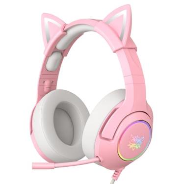 Imagem de PHNIXGAM Fone de ouvido fofo para jogos Cat Ear, fones de ouvido com fio com microfone retrátil, som surround, retroiluminação LED para PS4, PS5, Xbox One (sem adaptador), PC, celular (rosa claro)