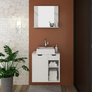 Imagem de Kit Banheiro com Cuba, Espelho e Gabinete Mármore Branco e Branco Tecno Mobili