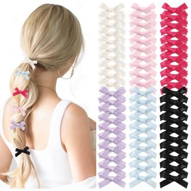 Imagem de yoyokid 60 peças de grampos de cabelo de cetim mini laço acessórios de cabelo bonitos presilhas de cabelo fita para mulheres meninas (preto, rosa, bege, azul, roxo, rosa)