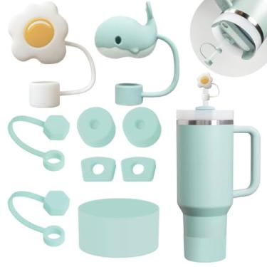 Imagem de Conjunto de acessórios para copos Stanley, incluindo 6 tampas de silicone à prova de derramamento, 2 tampas para canudos de 9 a 10 mm, 1 base protetora em silicone para copos térmicos Stanley de 900