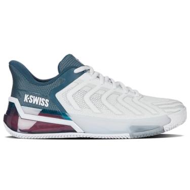Imagem de K-Swiss Tênis masculino Ultrashot 4 HB – Parte inferior de espinha de peixe para quadras de saibro, Branco/Stargazer/Neon Blaze, 46