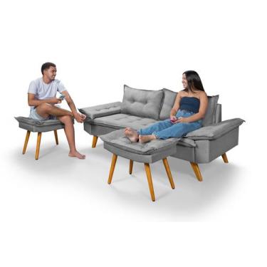 Imagem de Sofá Bariloche 3 Lugares em Linho Mais Duas Banquetas - Essencial Esto