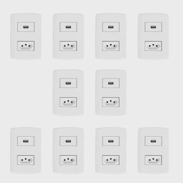 Imagem de Conjunto com 10 Tomadas USB + 1 Tomada 2p + t 20A 250v, Modular, com Placa 4x2 e Suporte Branco