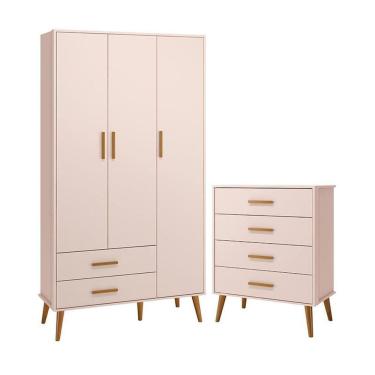 Imagem de Jogo De Quarto Infantil Isis Guarda Roupa 3 Portas E Cômoda 4 Gavetas Rosa - Reller Móveis Rosa