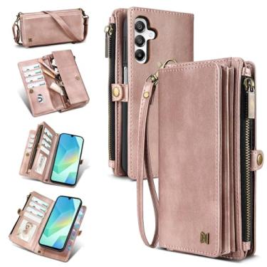 Imagem de QIXIU Capa carteira para Samsung Galaxy A16 (comporta batom, fones de ouvido, etc.), capa de telefone magnética portátil multifuncional de couro sintético com bloqueio RFID, alça de ombro e alça de