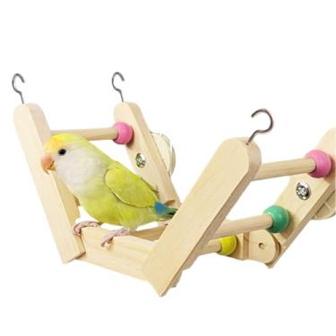 Imagem de Escada de papagaio de madeira dobrável para gaiola, pássaro, poleiro, escalada, ponte com contas coloridas móveis, papagaio, brinquedos de exercício para calopsita, conure, Lovebird
