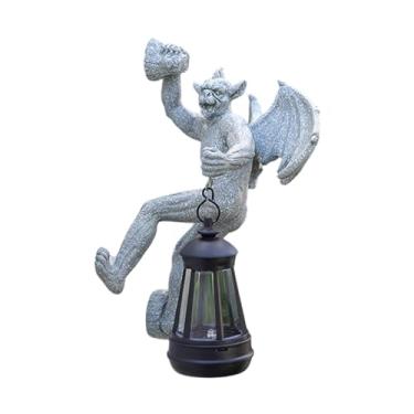 Imagem de Bothyi Estátua do jardim de escultura de gárgula com lâmpada de parede de parede solar ornamento de iluminação decorativa à prova d'água para o presente da, Cinza
