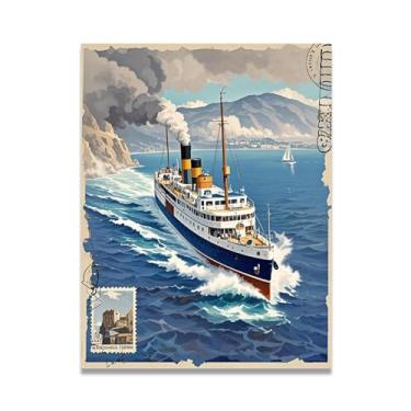 Imagem de Quadro náutico textura navio pintura vintage italiano navio a vapor impressão em tela - carimbo de papel envelhecido 70 x 91 cm